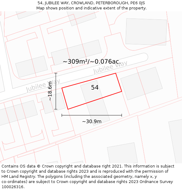 54, JUBILEE WAY, CROWLAND, PETERBOROUGH, PE6 0JS: Plot and title map