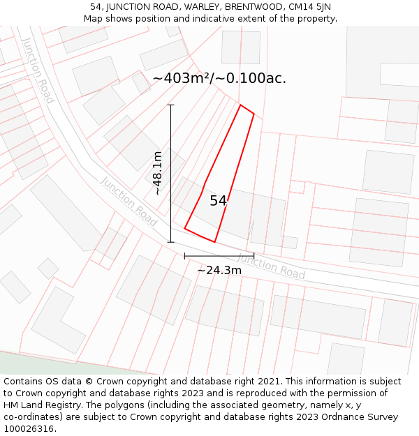 54, JUNCTION ROAD, WARLEY, BRENTWOOD, CM14 5JN: Plot and title map