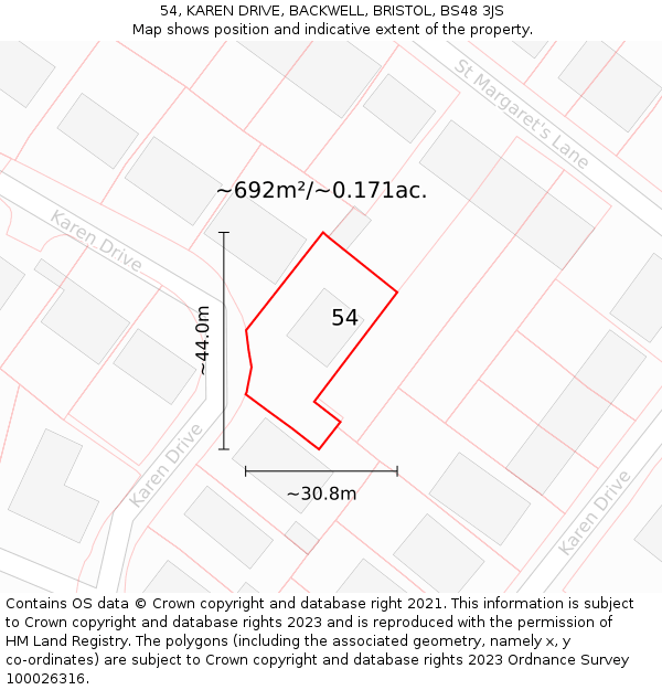 54, KAREN DRIVE, BACKWELL, BRISTOL, BS48 3JS: Plot and title map