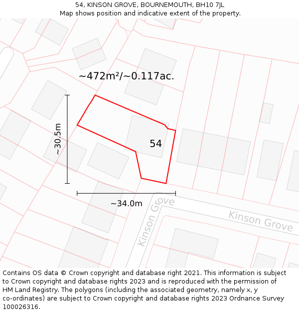 54, KINSON GROVE, BOURNEMOUTH, BH10 7JL: Plot and title map