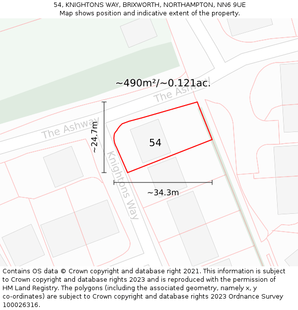 54, KNIGHTONS WAY, BRIXWORTH, NORTHAMPTON, NN6 9UE: Plot and title map