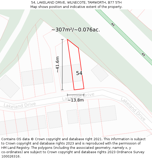 54, LAKELAND DRIVE, WILNECOTE, TAMWORTH, B77 5TH: Plot and title map