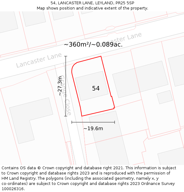 54, LANCASTER LANE, LEYLAND, PR25 5SP: Plot and title map