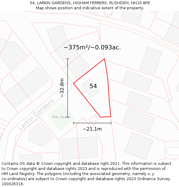 54, LARKIN GARDENS, HIGHAM FERRERS, RUSHDEN, NN10 8PE: Plot and title map