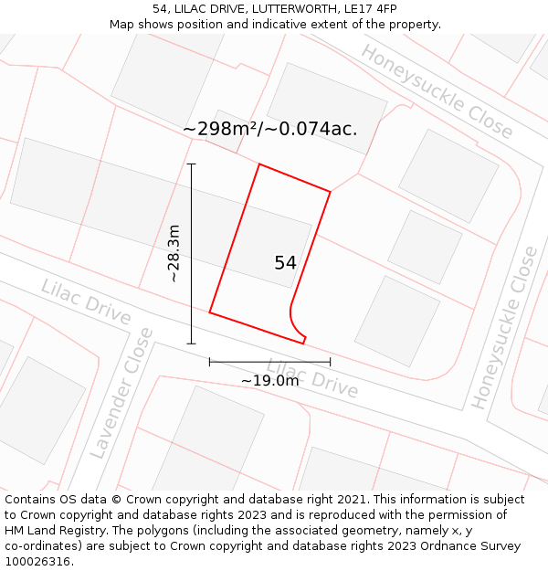 54, LILAC DRIVE, LUTTERWORTH, LE17 4FP: Plot and title map