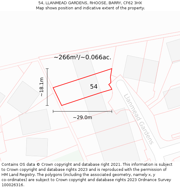 54, LLANMEAD GARDENS, RHOOSE, BARRY, CF62 3HX: Plot and title map