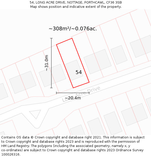 54, LONG ACRE DRIVE, NOTTAGE, PORTHCAWL, CF36 3SB: Plot and title map