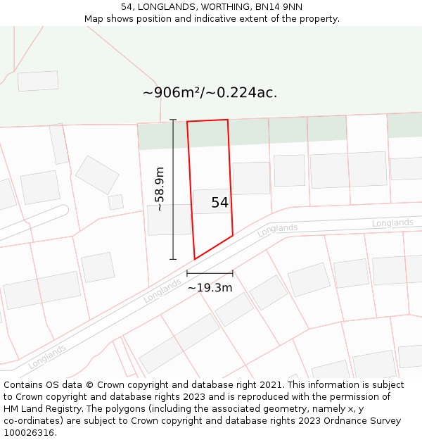 54, LONGLANDS, WORTHING, BN14 9NN: Plot and title map