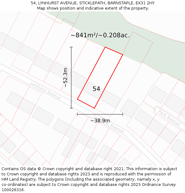54, LYNHURST AVENUE, STICKLEPATH, BARNSTAPLE, EX31 2HY: Plot and title map