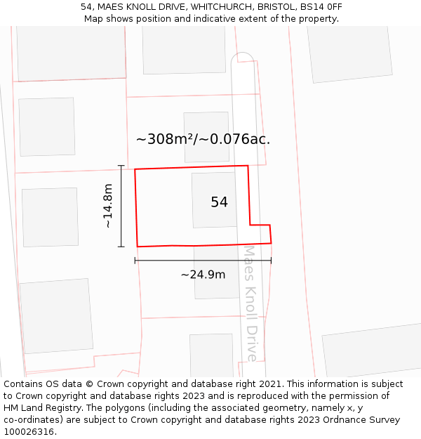 54, MAES KNOLL DRIVE, WHITCHURCH, BRISTOL, BS14 0FF: Plot and title map
