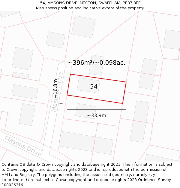 54, MASONS DRIVE, NECTON, SWAFFHAM, PE37 8EE: Plot and title map