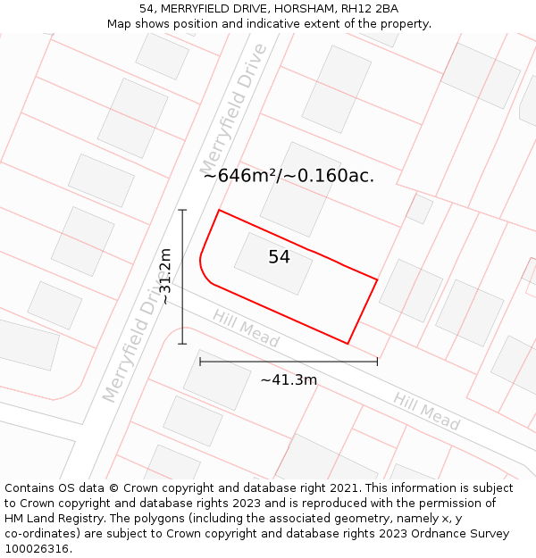 54, MERRYFIELD DRIVE, HORSHAM, RH12 2BA: Plot and title map