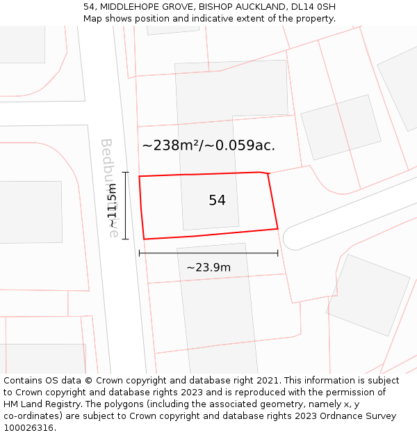 54, MIDDLEHOPE GROVE, BISHOP AUCKLAND, DL14 0SH: Plot and title map