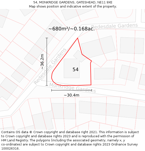 54, MONKRIDGE GARDENS, GATESHEAD, NE11 9XE: Plot and title map