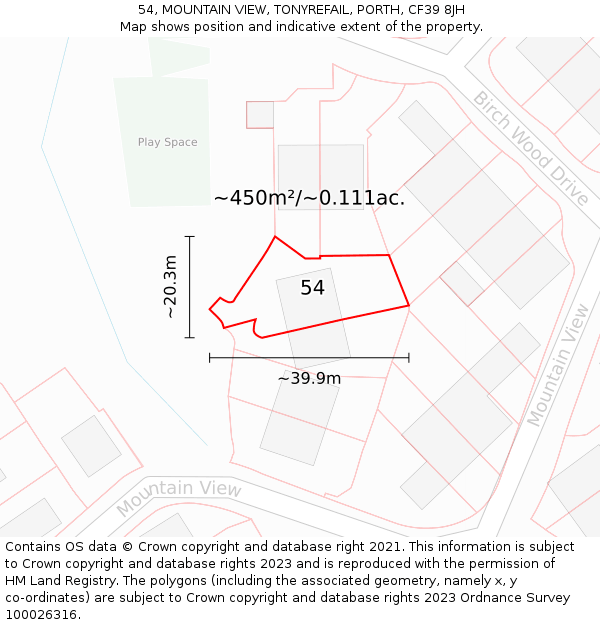 54, MOUNTAIN VIEW, TONYREFAIL, PORTH, CF39 8JH: Plot and title map