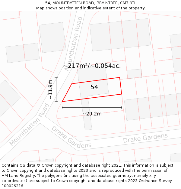 54, MOUNTBATTEN ROAD, BRAINTREE, CM7 9TL: Plot and title map