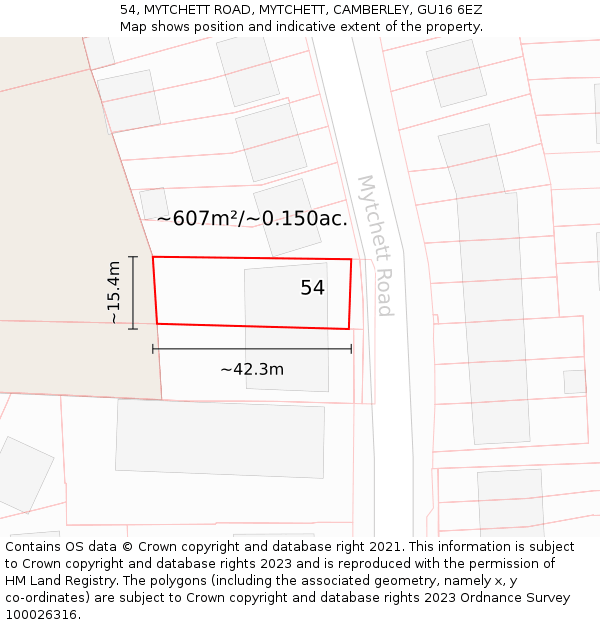 54, MYTCHETT ROAD, MYTCHETT, CAMBERLEY, GU16 6EZ: Plot and title map