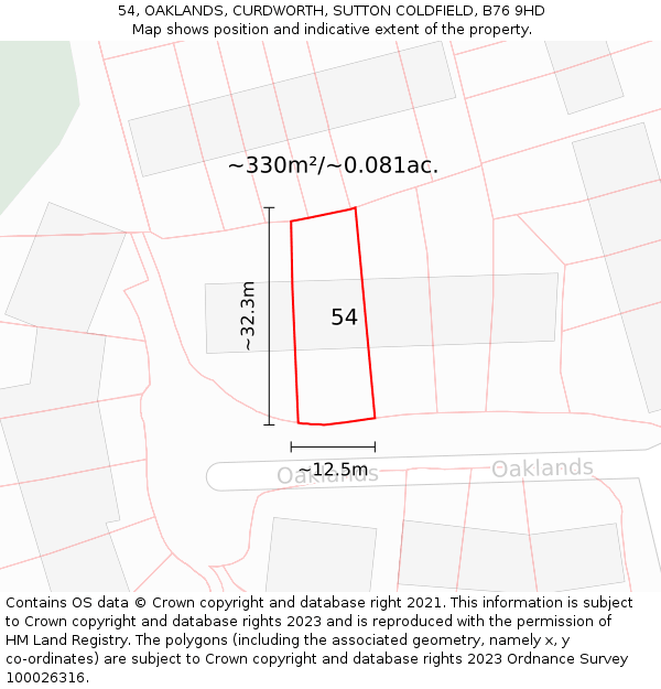 54, OAKLANDS, CURDWORTH, SUTTON COLDFIELD, B76 9HD: Plot and title map