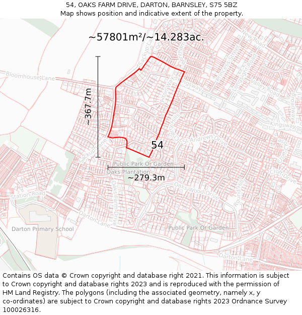 54, OAKS FARM DRIVE, DARTON, BARNSLEY, S75 5BZ: Plot and title map