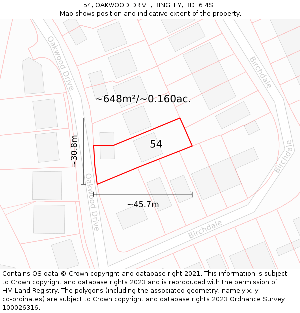 54, OAKWOOD DRIVE, BINGLEY, BD16 4SL: Plot and title map