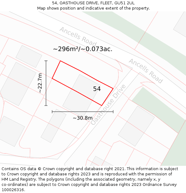 54, OASTHOUSE DRIVE, FLEET, GU51 2UL: Plot and title map