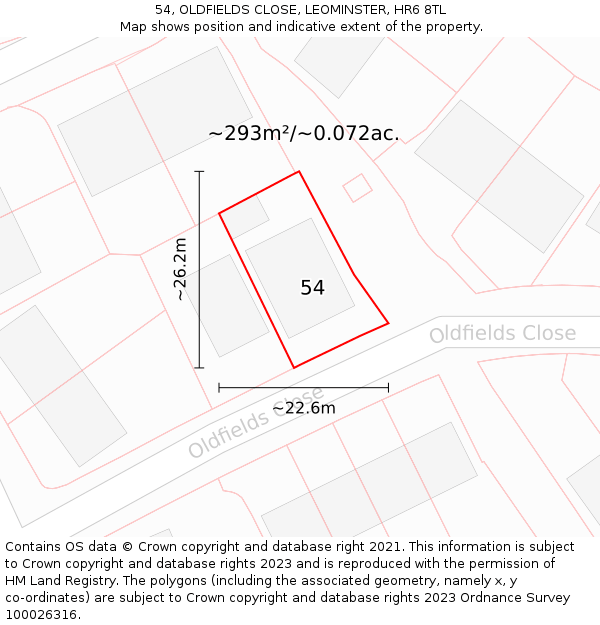 54, OLDFIELDS CLOSE, LEOMINSTER, HR6 8TL: Plot and title map
