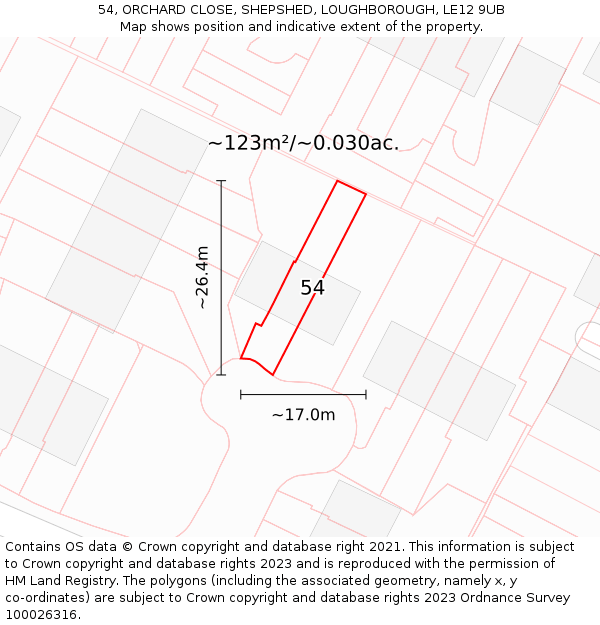 54, ORCHARD CLOSE, SHEPSHED, LOUGHBOROUGH, LE12 9UB: Plot and title map