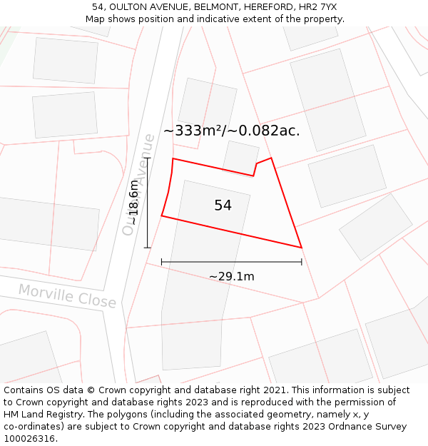 54, OULTON AVENUE, BELMONT, HEREFORD, HR2 7YX: Plot and title map