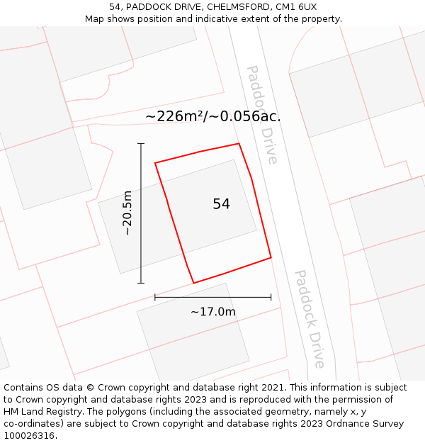 54, PADDOCK DRIVE, CHELMSFORD, CM1 6UX: Plot and title map