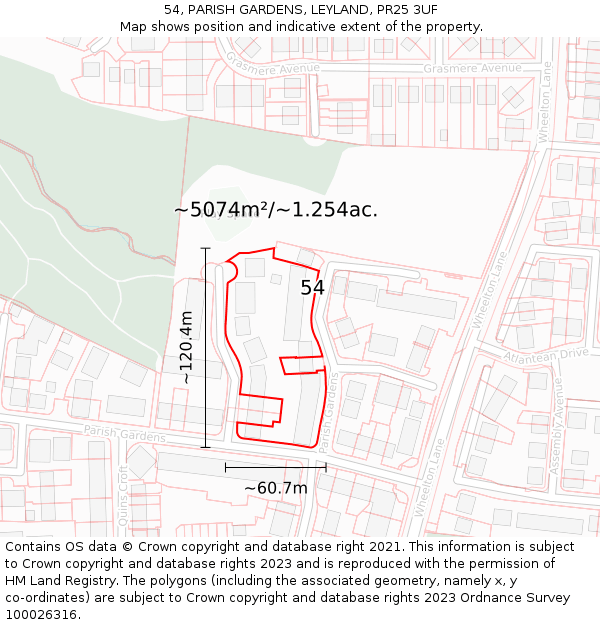 54, PARISH GARDENS, LEYLAND, PR25 3UF: Plot and title map