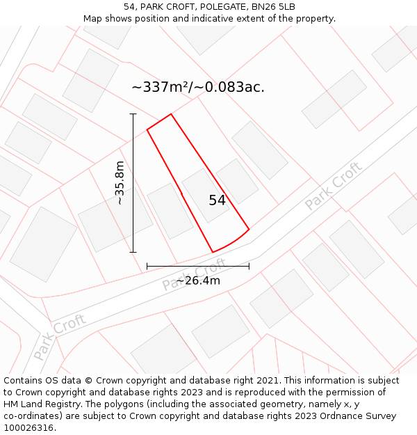 54, PARK CROFT, POLEGATE, BN26 5LB: Plot and title map