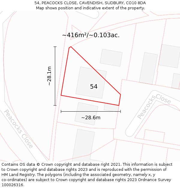 54, PEACOCKS CLOSE, CAVENDISH, SUDBURY, CO10 8DA: Plot and title map