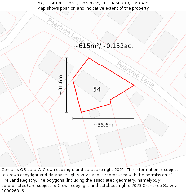54, PEARTREE LANE, DANBURY, CHELMSFORD, CM3 4LS: Plot and title map