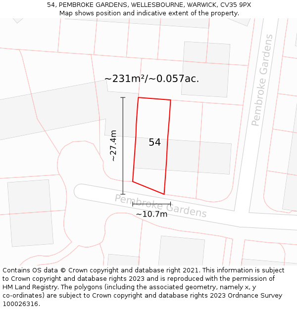 54, PEMBROKE GARDENS, WELLESBOURNE, WARWICK, CV35 9PX: Plot and title map