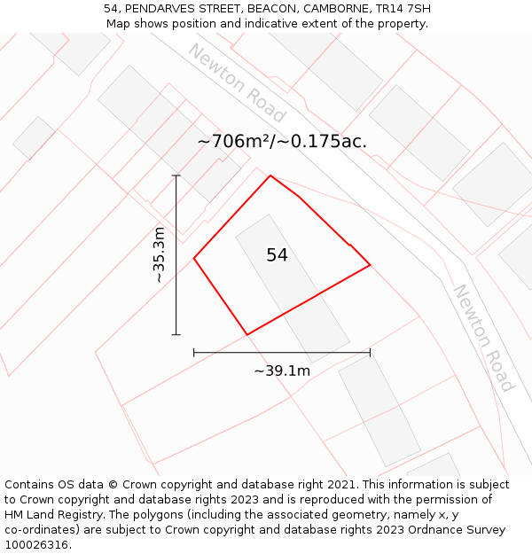 54, PENDARVES STREET, BEACON, CAMBORNE, TR14 7SH: Plot and title map