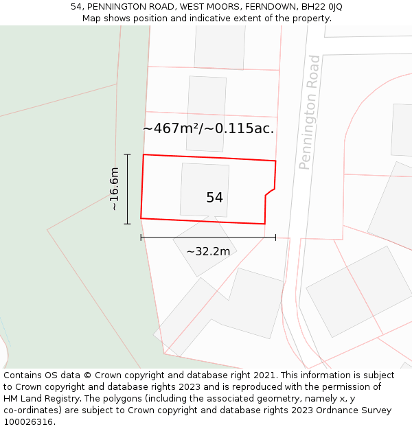 54, PENNINGTON ROAD, WEST MOORS, FERNDOWN, BH22 0JQ: Plot and title map
