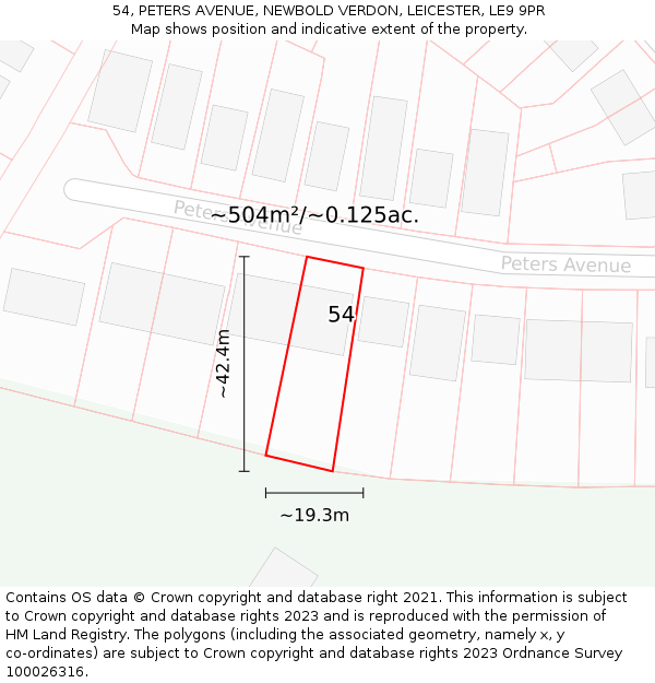 54, PETERS AVENUE, NEWBOLD VERDON, LEICESTER, LE9 9PR: Plot and title map
