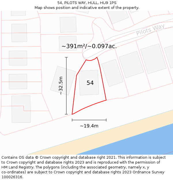 54, PILOTS WAY, HULL, HU9 1PS: Plot and title map