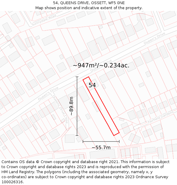 54, QUEENS DRIVE, OSSETT, WF5 0NE: Plot and title map