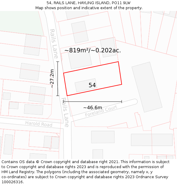 54, RAILS LANE, HAYLING ISLAND, PO11 9LW: Plot and title map