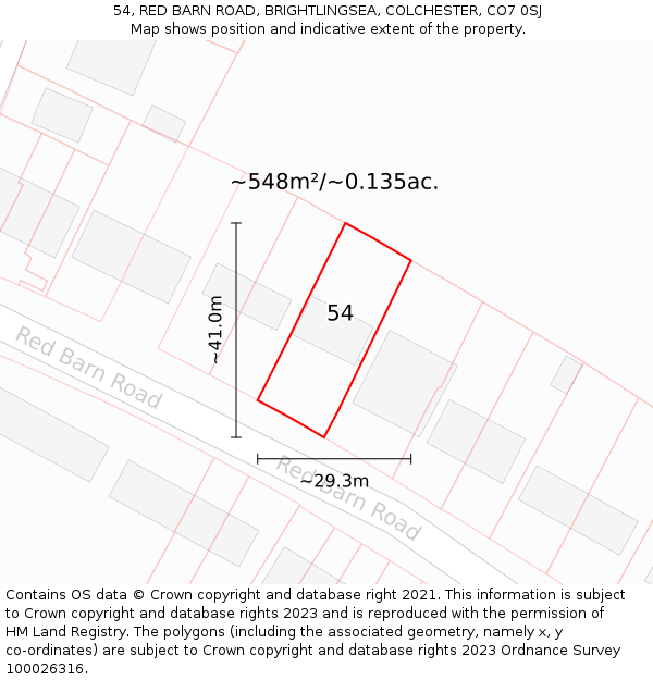 54, RED BARN ROAD, BRIGHTLINGSEA, COLCHESTER, CO7 0SJ: Plot and title map