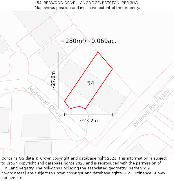 54, REDWOOD DRIVE, LONGRIDGE, PRESTON, PR3 3HA: Plot and title map