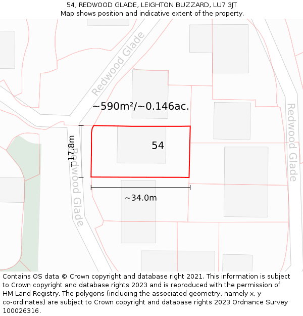 54, REDWOOD GLADE, LEIGHTON BUZZARD, LU7 3JT: Plot and title map