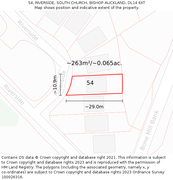 54, RIVERSIDE, SOUTH CHURCH, BISHOP AUCKLAND, DL14 6XT: Plot and title map
