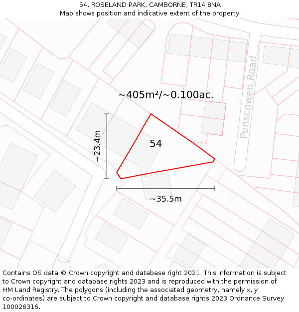 54, ROSELAND PARK, CAMBORNE, TR14 8NA: Plot and title map