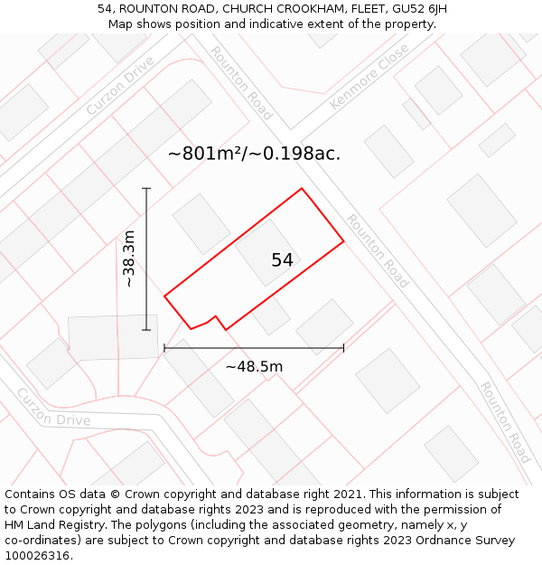 54, ROUNTON ROAD, CHURCH CROOKHAM, FLEET, GU52 6JH: Plot and title map