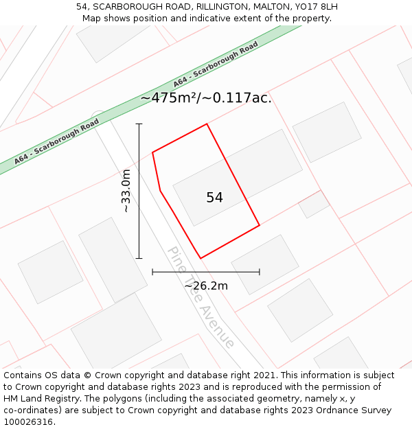 54, SCARBOROUGH ROAD, RILLINGTON, MALTON, YO17 8LH: Plot and title map
