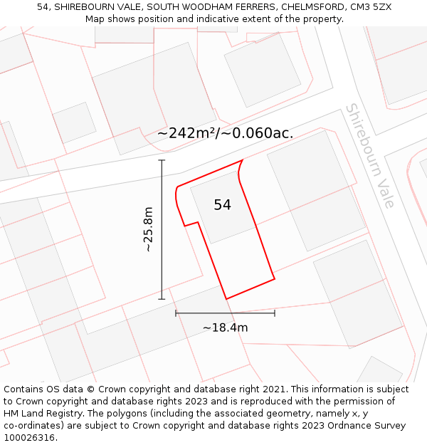 54, SHIREBOURN VALE, SOUTH WOODHAM FERRERS, CHELMSFORD, CM3 5ZX: Plot and title map