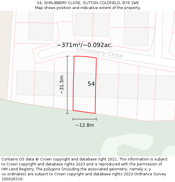 54, SHRUBBERY CLOSE, SUTTON COLDFIELD, B76 1WE: Plot and title map