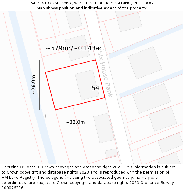 54, SIX HOUSE BANK, WEST PINCHBECK, SPALDING, PE11 3QG: Plot and title map